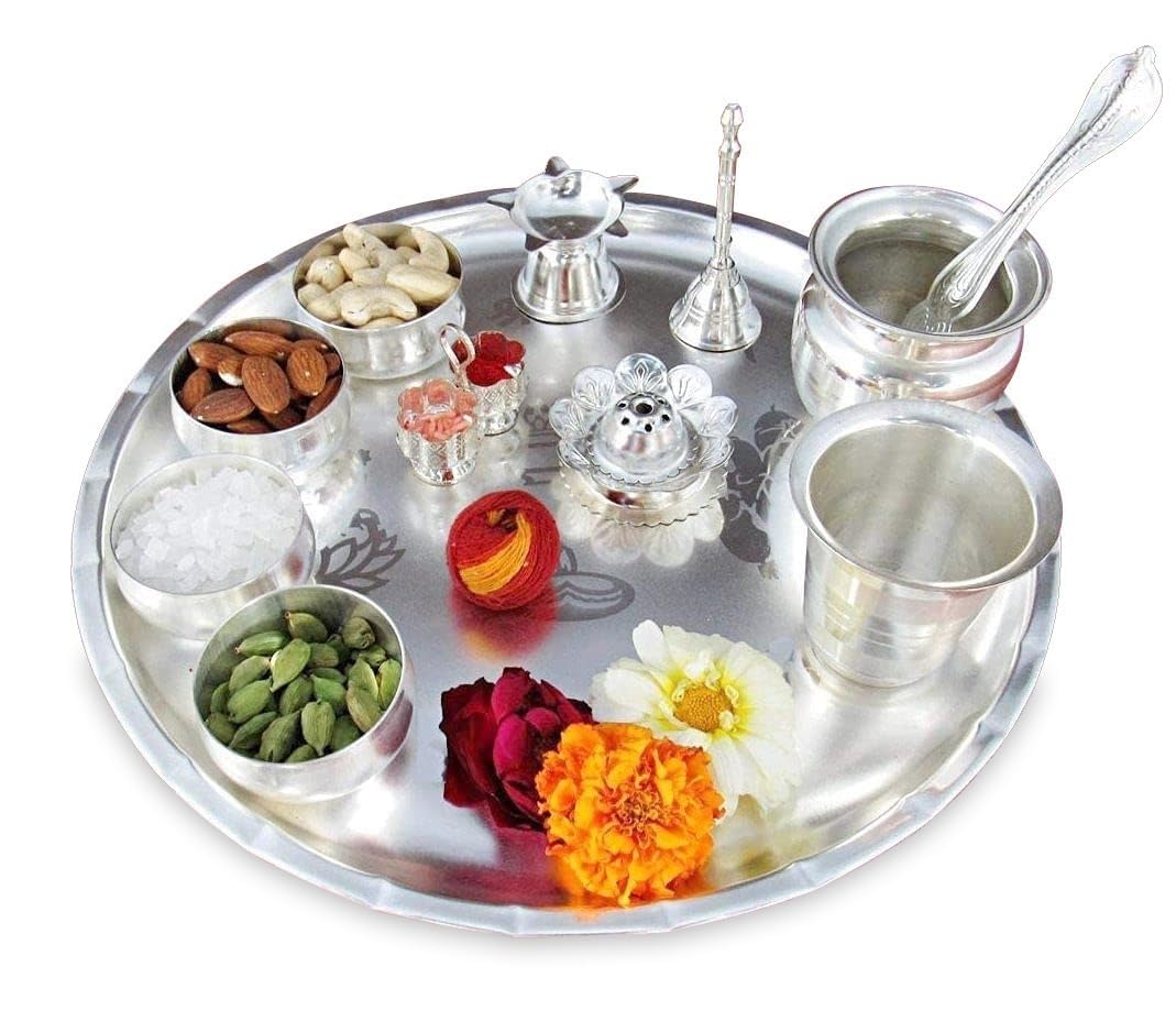 NOBILITY Silver Plated Pooja thali Set 12 Inch for Festival Ethnic Puja Thali Gift for Diwali, Home, Temple, Office, Wedding Gift