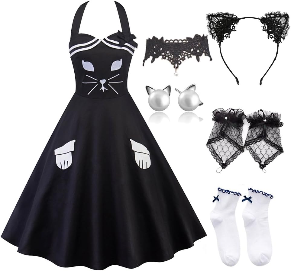 Women A-line Dress Lace Cat Ears Headband with Choker Fingerless Gloves Set