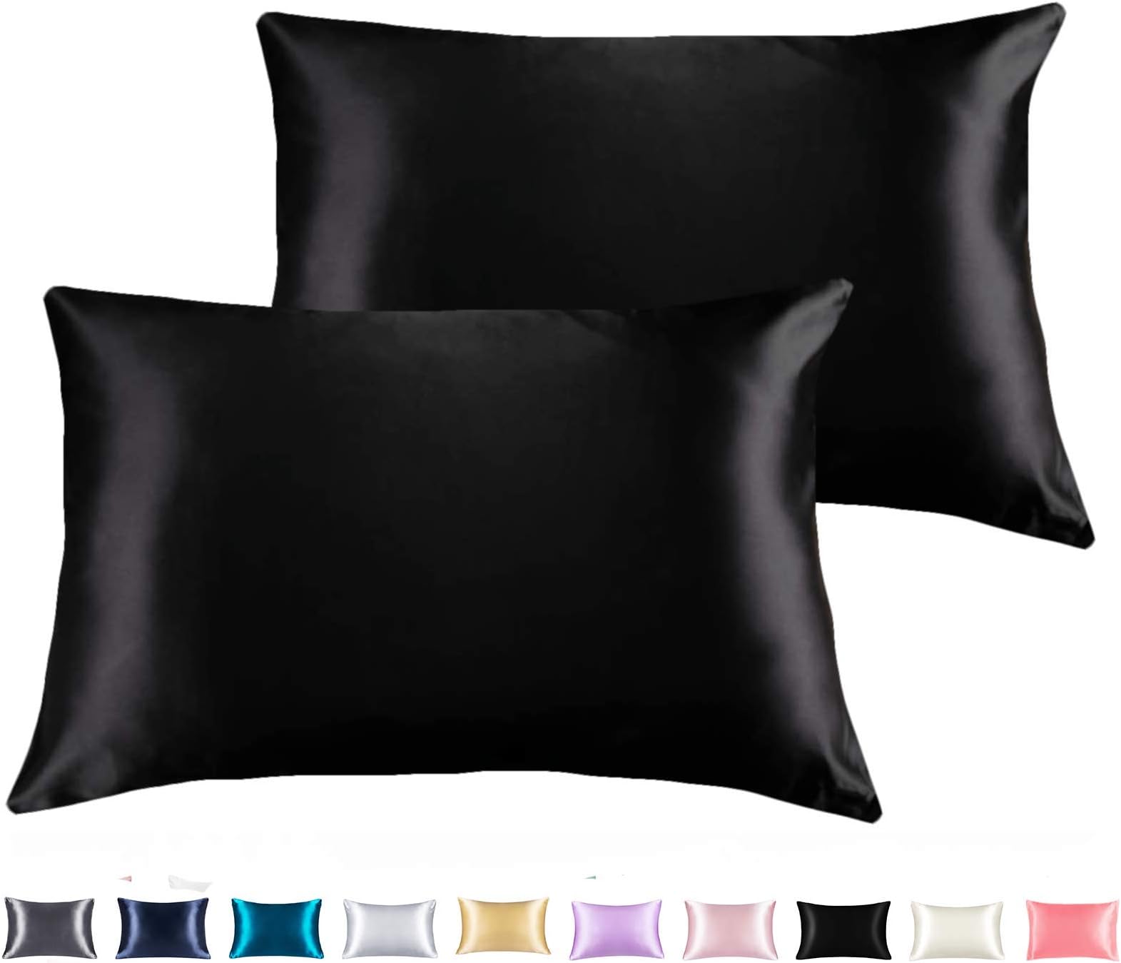 Adubor Satin Pillowcase 2 Pack Silky Pillow Cases for Hair and Skin, Pillow Cases Covers with Envelope Closure (Black, 20''x26'')