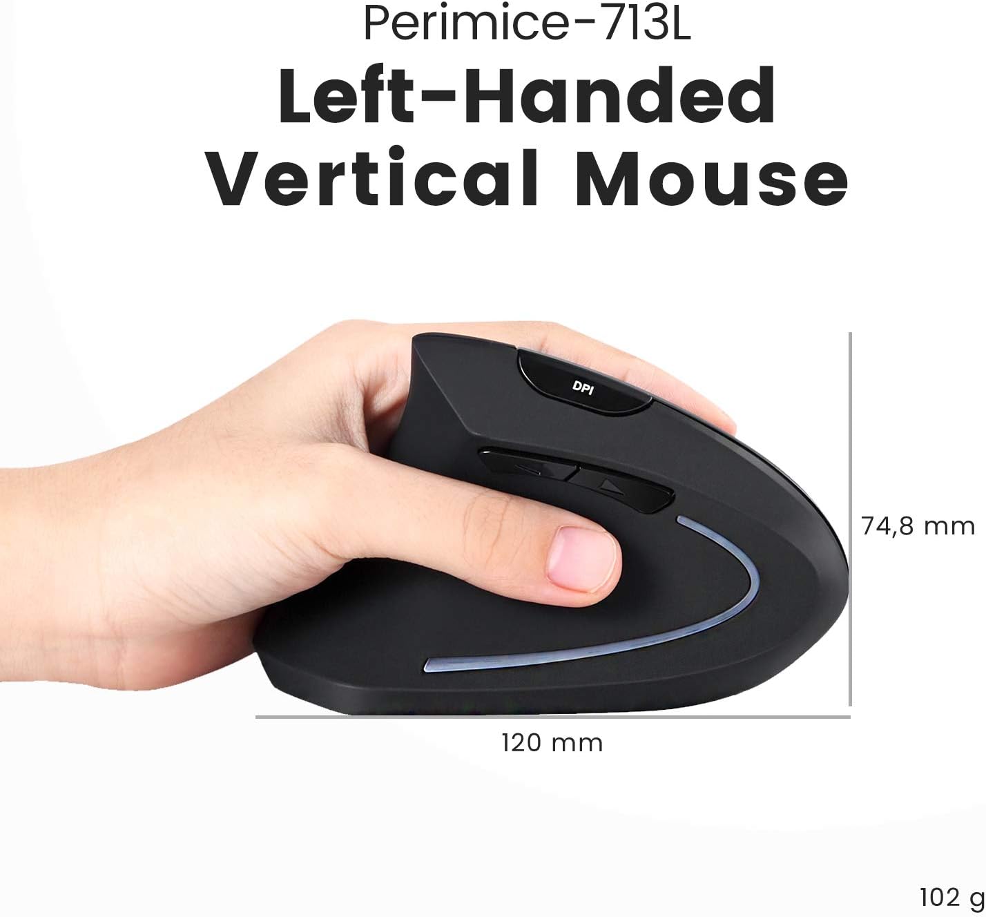 perixx PERIMICE-713L, Left Handed Wireless Vertical Mouse, 6 Buttons Design, 3 Level DPI, Power Switch, Wireless Left-Handed - Image 3