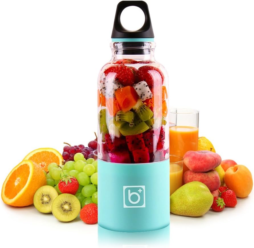 Portable USB Juicer Cup, Electric USB Rechargeable Juice Blender & Mixer, Personal Smoothie Maker, Four Blades in 3D for Superb Mixing 500ml for Kitchen, Traveling, Working, Outdoors-Green (Blue)