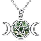 YAFEINI Triple Moon Necklace 925 Sterling Silver Moss Agate Pentacle Pendant Wiccan Pagan Moon Goddess Jewelry Gifts for Women Men