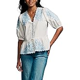 OFSOAK Women Tie Front Blouse Floral Embroidered Shirt Summer Tie Front Short Top Puff Sleeve Babydoll Peplum Ruffle Hem