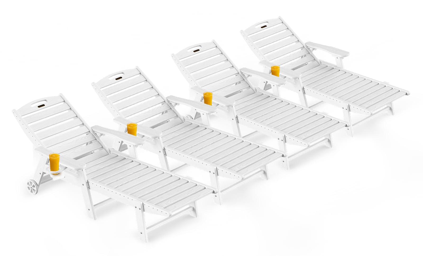 Outdoor Lounge Chair Set of 4, All Weather Patio Chaise Lounge Chairs for Outside, HDPE Chair with Rolling Wheels & Cup Holder, 5 Position, Deck, Pool, White Image