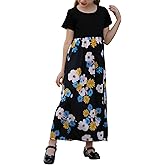 GORLYA Girl's Short Sleeve Patchwork Floral Print Loose Casual Long Maxi Dress with Pockets for 4-12 Years Kids