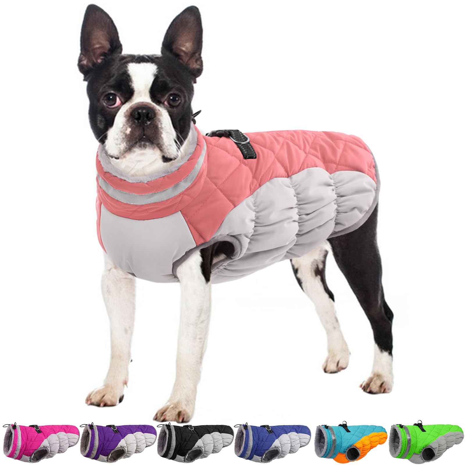 OUOBOB Dog Jackets for Medium Dogs,Medium Dog Coat,Warm Pet Winter Coat Zip Up Back,Waterproof Dogs Jacket with D-Ring,Pet Cold Weather Coats with Fleece Lined, Snowsuit Pug Boston Terrier,Pink,M Image