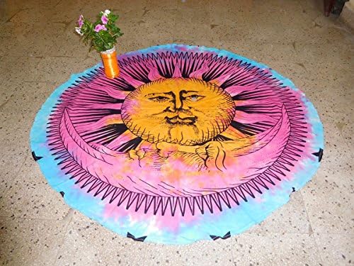 Mandala Mat Beach Towel Sun &amp; Star Mandala Round Table Cover Beach Throw Tapestry Hippie Gypsy Tablecloth Round Yoga Mat, 50 Inch 100% Pure Cotton Screen Print Yoga Mat By "Gemsandcraft"