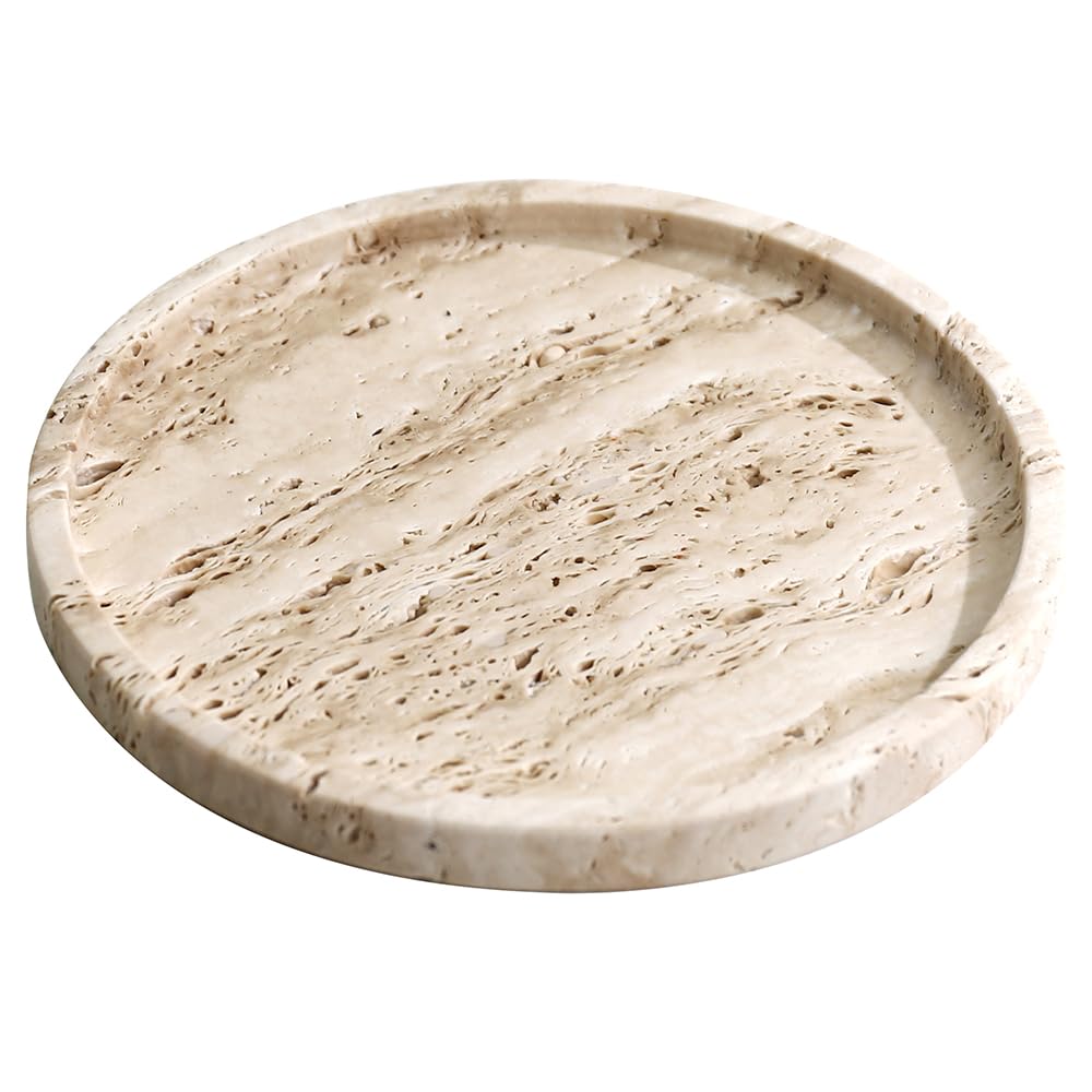 Photo 1 of 100% Natural Luxury Marble Small Hand Towel Tray Holder Organizer, Makeup Bathroom Holder,Bathroom Sink Vanity Trays, 8" Round Travertine Tray