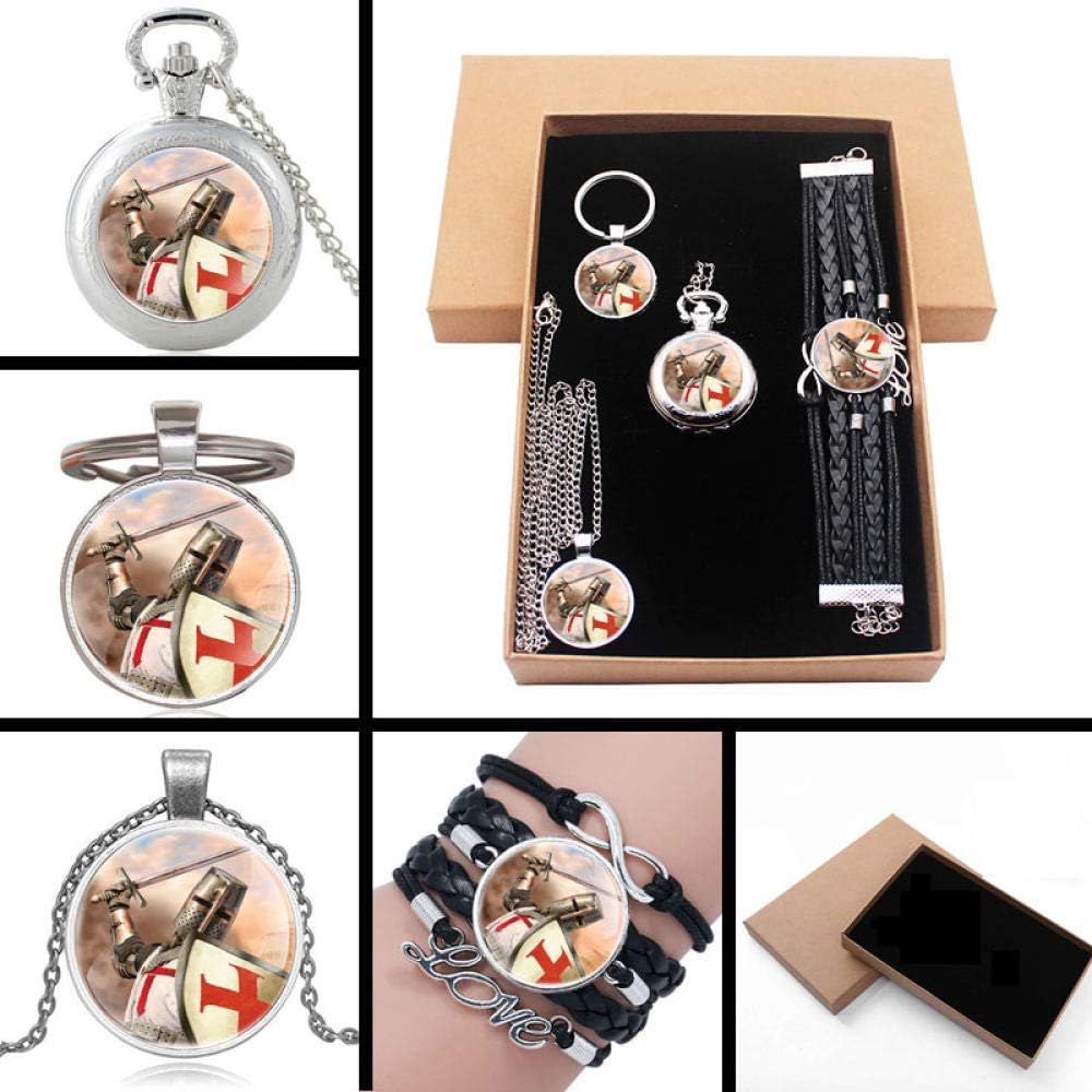 Pocket Watch Fashion Knight Templar Silver Jewelry Gift Set Have Pocket Watch and Pendant Necklace and Key Chain Bracelet with Gift Box