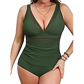 CUPSHE Women’s Plus Size Tankini Sets Deep V Neck Mesh Two Piece Swimsuits Adjustable Straps Mid Rise