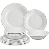 UPware 12 Piece Rope Melamine Dinnerware Sets, Outdoor Dishes Set, Plates and Bowls Sets, Service for 4, White