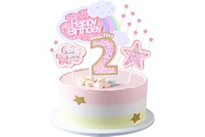 Kawailay Baby Girl 2st Birthday Cake Decoration Set Second Birthday Cake Topper with Rainbow Clouds Stars Cake Picks Two Year Old Cake Topper for Girls Birthday Party Supplies - Pink