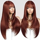 ZRLK Ginger Wig with Bangs Long Ginger Wig for Women Synthetic Heat-Resistant Hair Layered Style Hair for Daily and Party Use