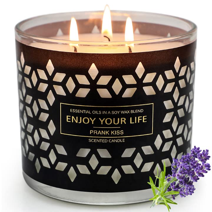 Scented Candle 3 Wick, Large Jar Candle with Lid 14 oz Soy Wax Essential Lavender Wood for Home Fragrance Gift Set for Her, Home Decor Up to 75 Hours Aromatherapy for Women Wife Mother Gifts