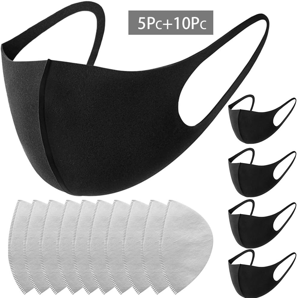 5PCS Anti Dust Mouth Mask with 10PCS N95 Filter, PM 2.5 Pollution 3D Protection Cotton Soft Facemask with 3-Layer-Breathe Reusable Washable, Safety Dust-Proof for Cycling Camping Travel Black
