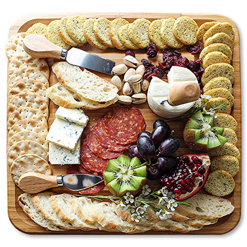 Bamboo Cheese Board and Knife Set Charcuterie Boards with Cutlery Set 4 Stainless Steel