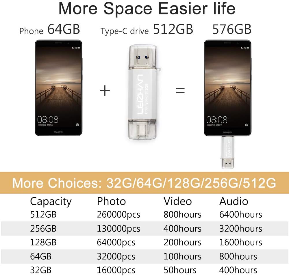 leizhan 512GB USB 3.0 Flash Drive Thumb Drives Jump Drive USB Memory Stick Type-C/USB-A 2 in 1 - Silver, 512 GB - Image 4