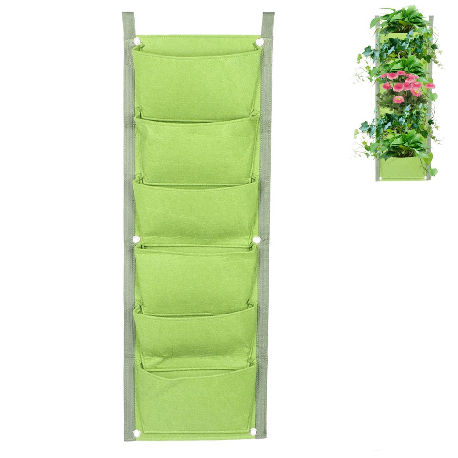Tissting 6Pcs Wall Hanging Planting Bag, Vertical Non-Woven Wall Garden Planters Hooks for Yard Garden Balcony Office Home Decoration Strawberry Potato Planter (Green)