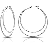 Hoops&Loops 925 Sterling Silver Diamond-cut Double Row Large 48mm Round Hoop Earrings for Women, Silver, Yellow & Rose Gold Flashed Sterling Silver