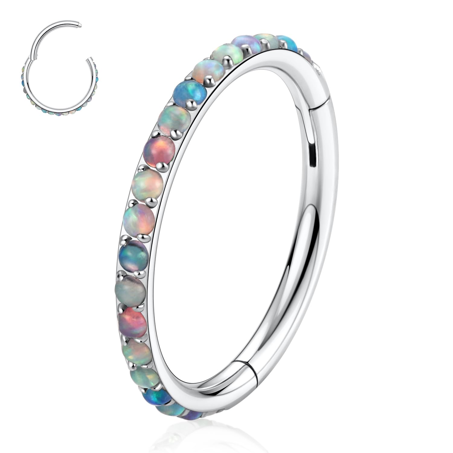 Photo 1 of PEAKLINK 16G Nose Hoop Ring Surgical Steel Cartilage Helix Earring Conch Jewelry Silver Septum Jewelry with Opal Tragus Rook Daith Lobe Lip Nose Piercing for Women 8mm