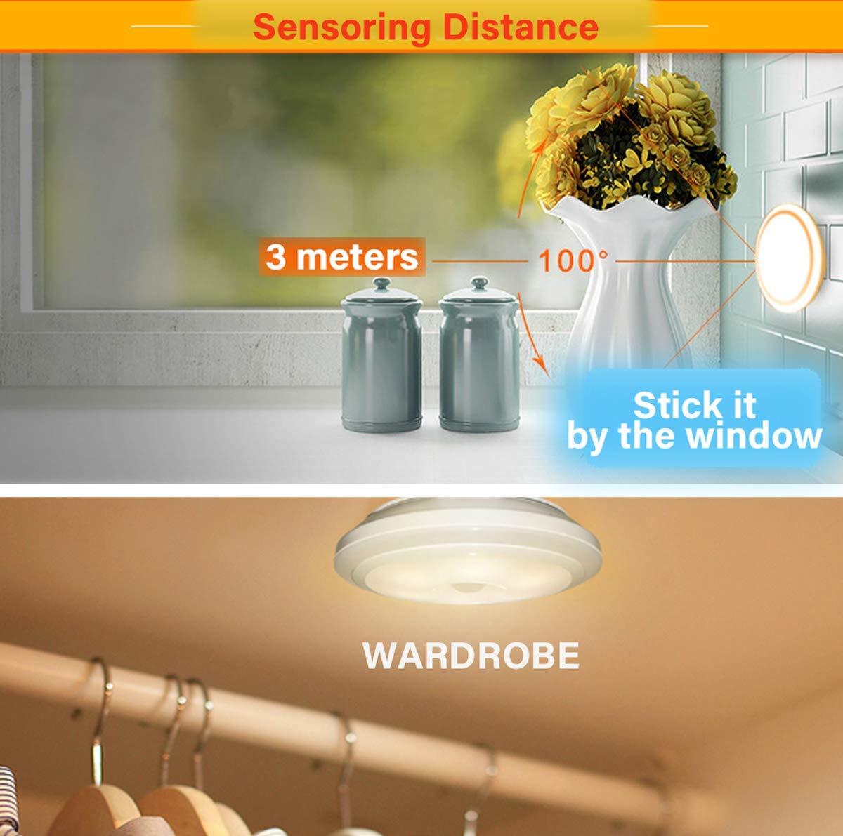 Motion Detected Light Battery-Operated Closet Night Light Stick-on Compact Lamp with Hanging Slot for Wardrobe Entryway Hallway Stairs Bedside Mirror Warm White