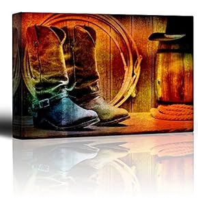 Colorful Cowboy Still Life - Boots, Rope and Hat - - Wood Grain Vintage Feel - Country Living Art - Canvas Art Home Art - 12x18 inches