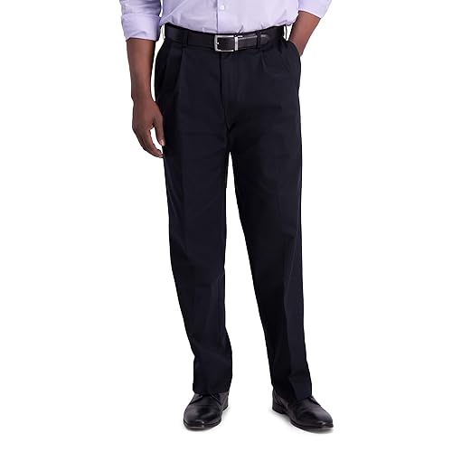 Haggar Men's Iron Free Khaki Classic Pleat Front Expandable Casual Pant Pants, Black, 44 x 32