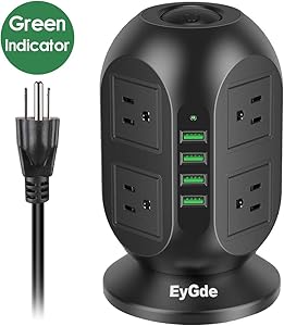 EyGde Power Strip Tower Surge Protector, Multi Plug Outlet with 10Ft Long Extension Cord, 8 AC Outlets 3.1A 4 USB Ports Charging Station for Home Office Dorm Room