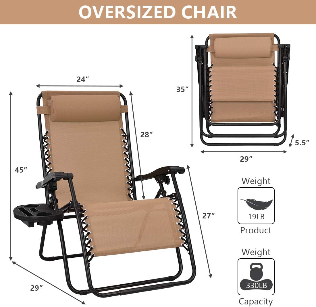Patio Watcher Oversized Zero Gravity Chair Folding Recliner Chair with Cup Holder Accessory Tray and Removable Pillow for Outdoor Yard Porch Beige 1 Chair : Garden & Outdoor