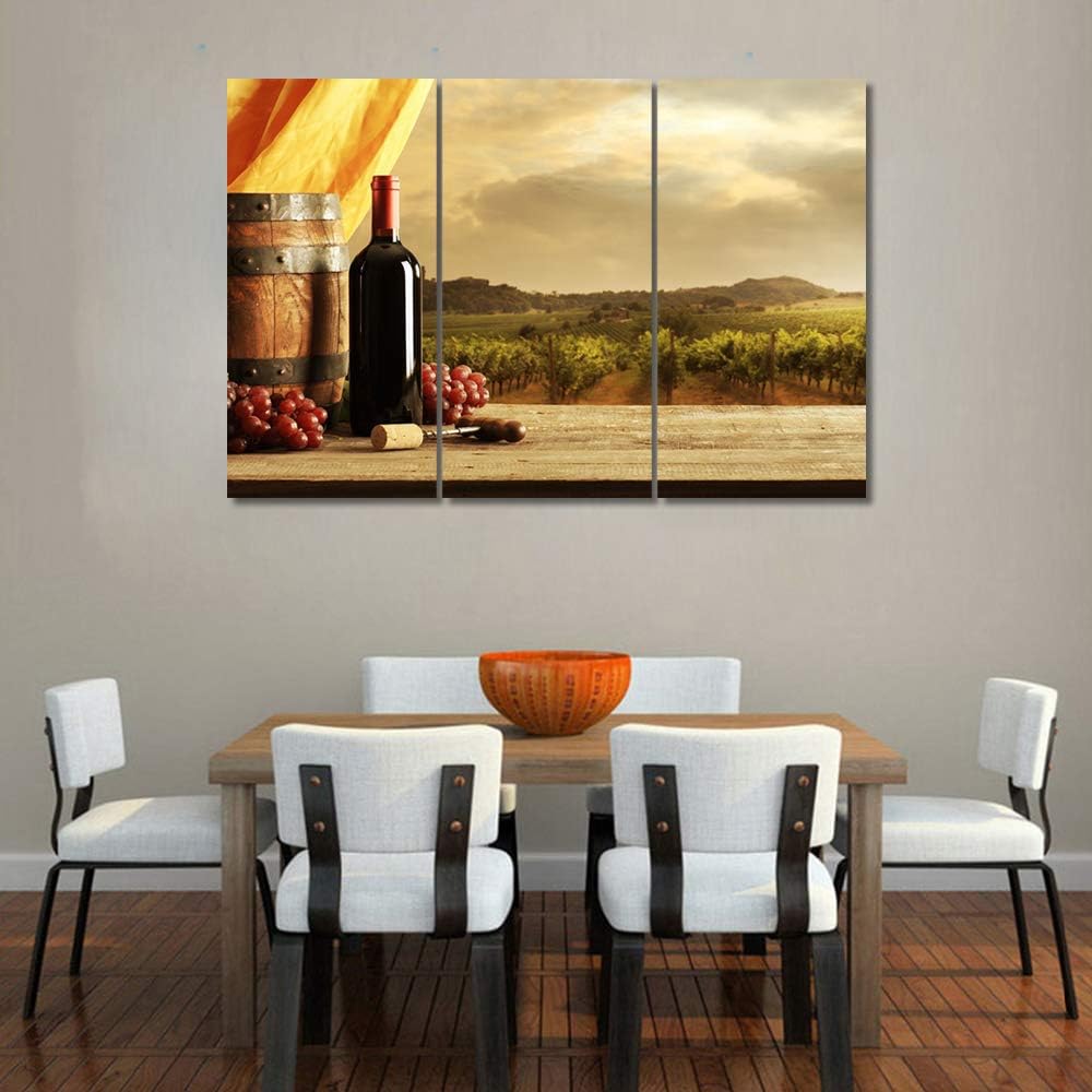 Red Wine Theme Wall Art for Dining Room Wooden Barrel and Wine Bottles