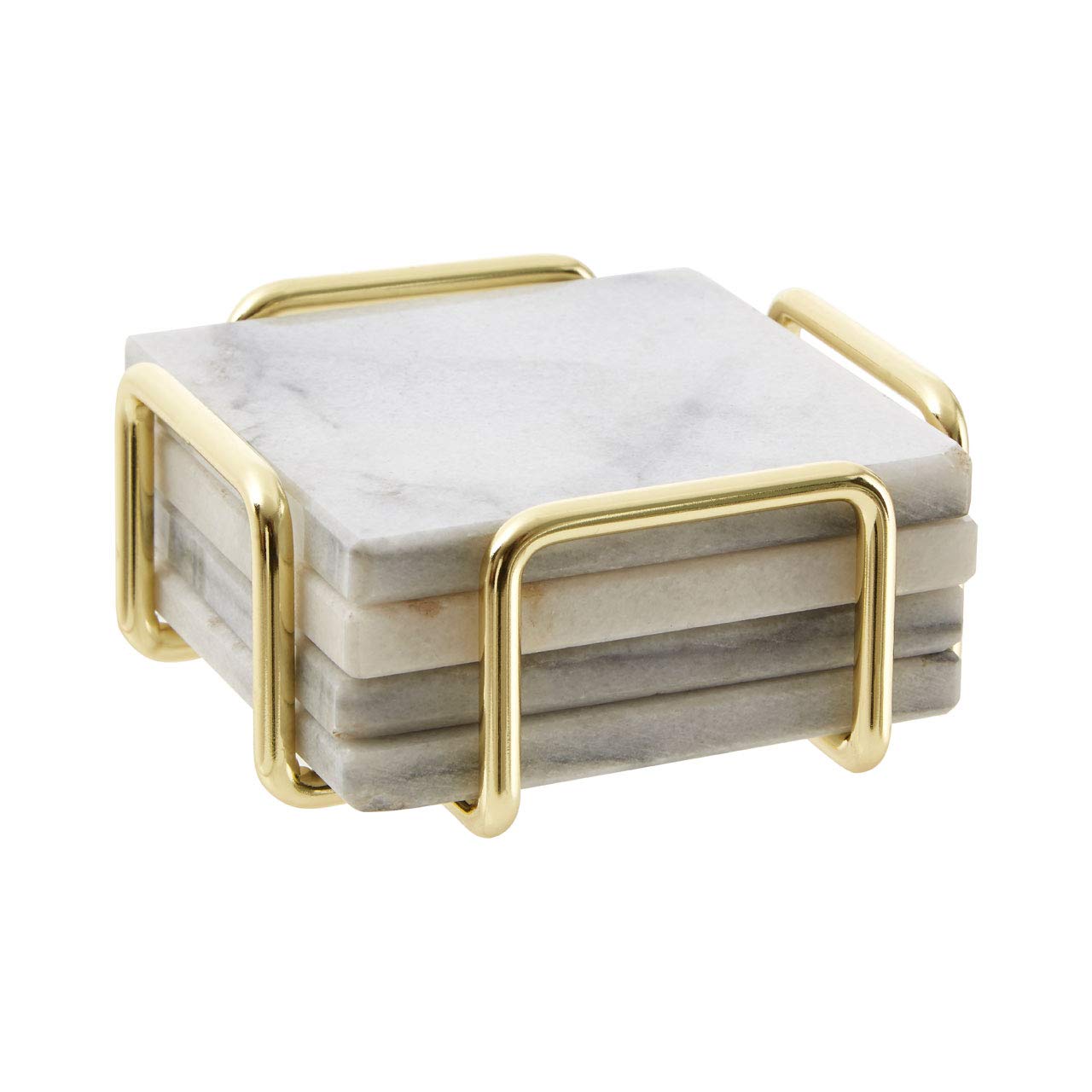 White Marble Coasters, Brass Finish Holder, Set of 4