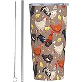 Kaireno Cute Chicken Tumbler Breeds Of Chicken Stainless Steel Insulated Tumblers with Lid Straw Reusable Funny Rooster Hen Coffee Travel Mug Tea Wine Cups Birthday Gifts for Women 20 Oz