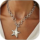 Aonklot Chunky Star Necklace Gold Silver Pendant Choker Paperclip Chain Thick Dainty Simple Statement Jewelry Gifts for Women