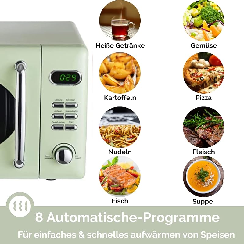 Retro Stand Mikrowelle WMW720 I 700W Mikrowellenleistung I 20L Garraum I5 Leistungsstufen I 8 Garprogramme IAuftaufunktion I Metall-Gehäuse I Drehteller (24,5cm) I LED-Display (Green) — Foto 4 von 6