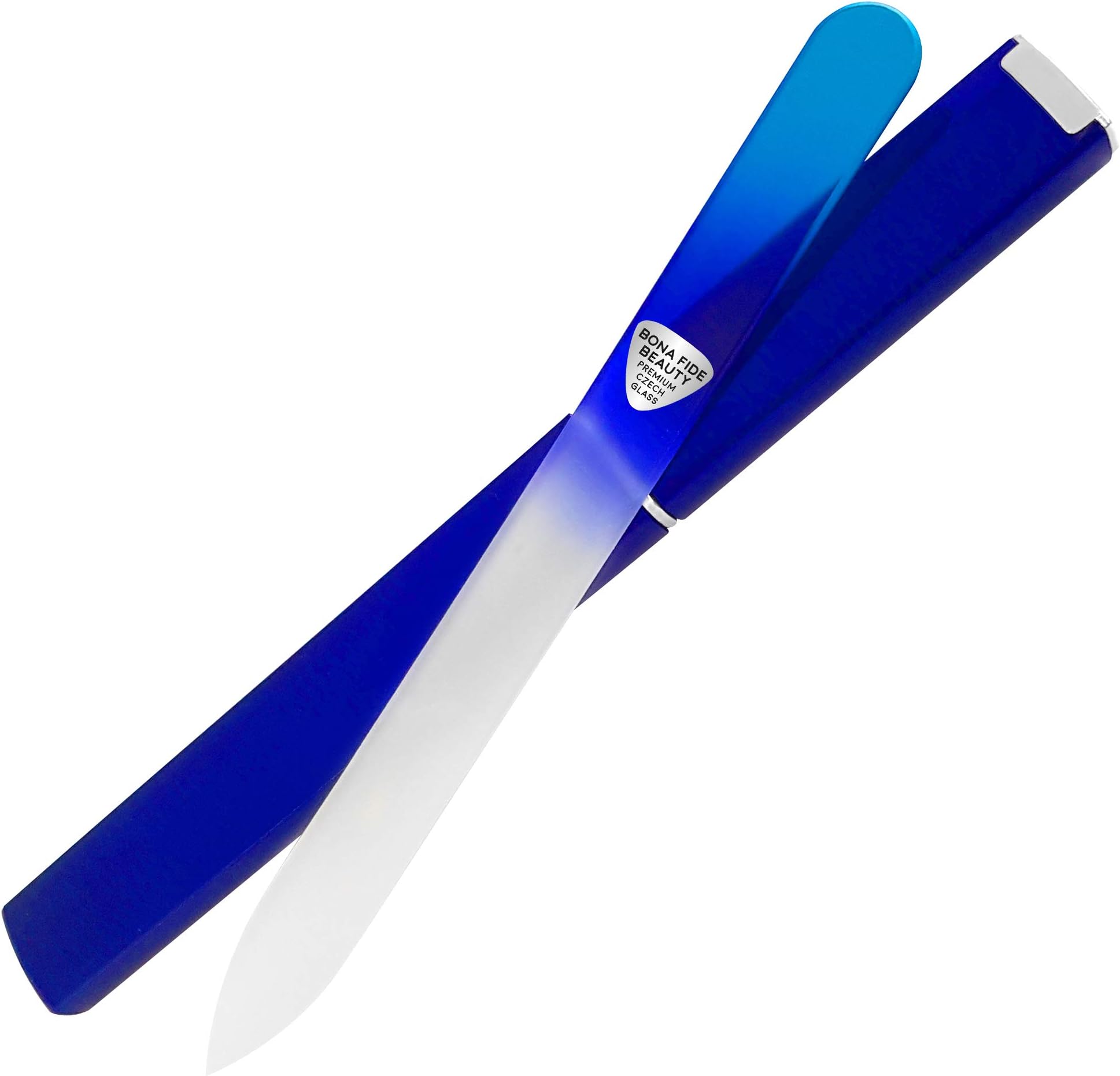 Glass Nail File with Case, Bona Fide Beauty Professional Manicure Fingernail File, Expertly Shape Nails with Gentle Precision Filing, Leaves Nails Smooth - Aqua/Cobalt Premium Czech Glass File