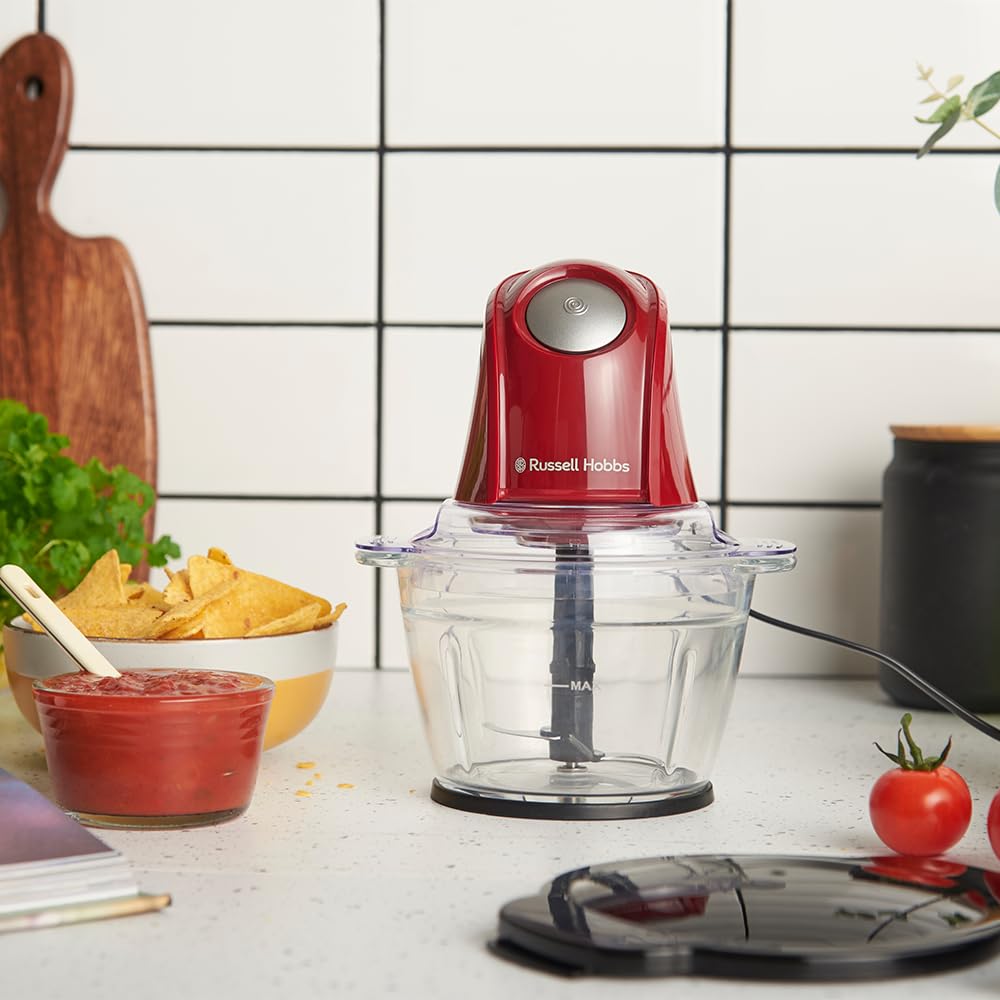 Russell Hobbs Zerkleinerer Elektrisch Mini [Glasbehälter mit Deckel] Desire Red (500ml, 2-flügeliges Edelstahlmesser, Mixer, Multi-& Universalzerkleinerer für Obst, Gemüse & Fleisch, 350W) 27132-56 2