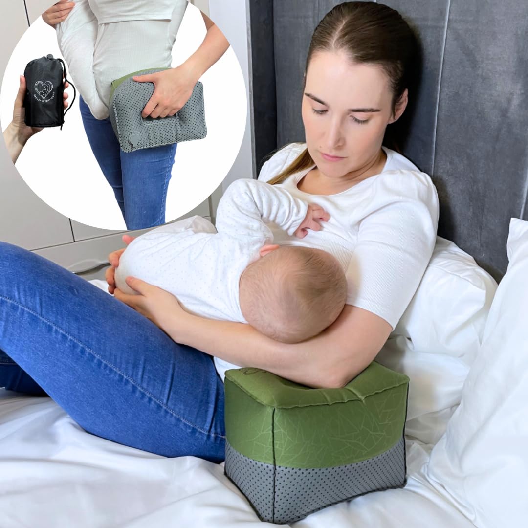 Breast Intentions ® Portable Breastfeeding Pillow, Inflatable Arm Support for Nursing & Bottle-Feeding, Adjustable Height & Firmness, Feeding Support Block +1 Storage Pouch