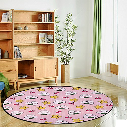 Printing Round Rug,Anime,Happy Crying Cute Cartoon Rice Balls Cherries Stars Pattern on Stripes Art Mat Non-Slip Soft Entrance Mat Door Floor Rug Area Rug For Chair Living Room,Pink Yellow and White - Thumbnail 2