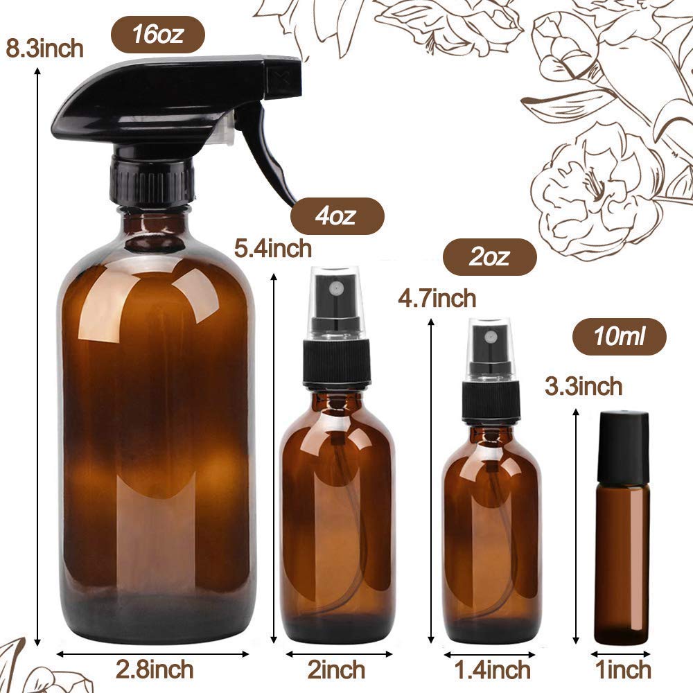 Glass Spray Bottle Kit×10 (2×16oz, 2×4oz, 6×2oz), 9×10ml Roller Bottles, Anti UV, Multi Size and Versatile, Suitable for Aromatherapy, Facial Moisturizing, Watering, etc.(Amber)