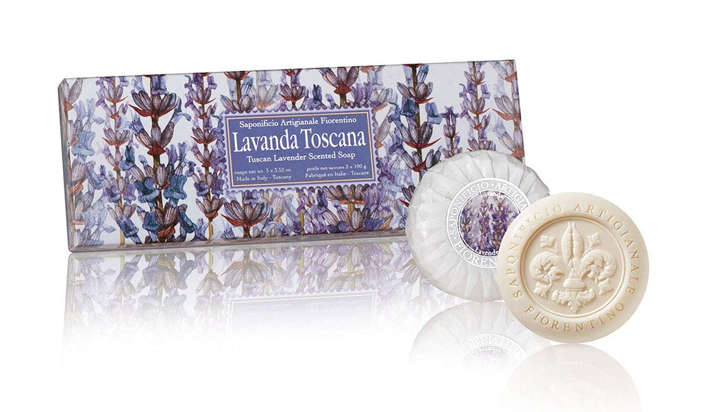 Tuscan Lavender, gift box of Italian lavender soap, round soaps sculpted with lily, pleated wrapping and label, 3 x 3.52 oz