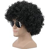 yuehong Short Black Curly Fluffy 70s Afro Wig 80s Disco Rocker Wig Heat Resistant Synthetic Fibers Durable Breathable Costume Hair for Unisex(Black)