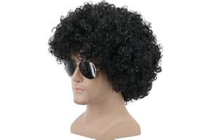 yuehong Short Black Fluffy Disco Afro Wigs Synthetic Anime Cosplay Fancy Funny Wigs for Unisex Men Women Wigs (Black)