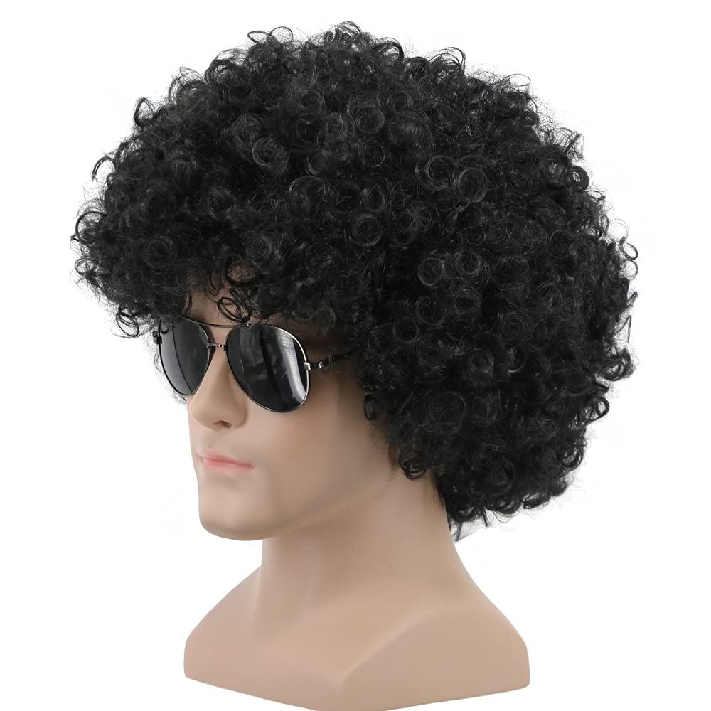 Yuehong Short Curly Black Afro Wig 70s Disco Party Costume Hair Heat Resistant Synthetic Fibers Soft Durable Breathable Wig for Unisex Men Women (Black) — image 1