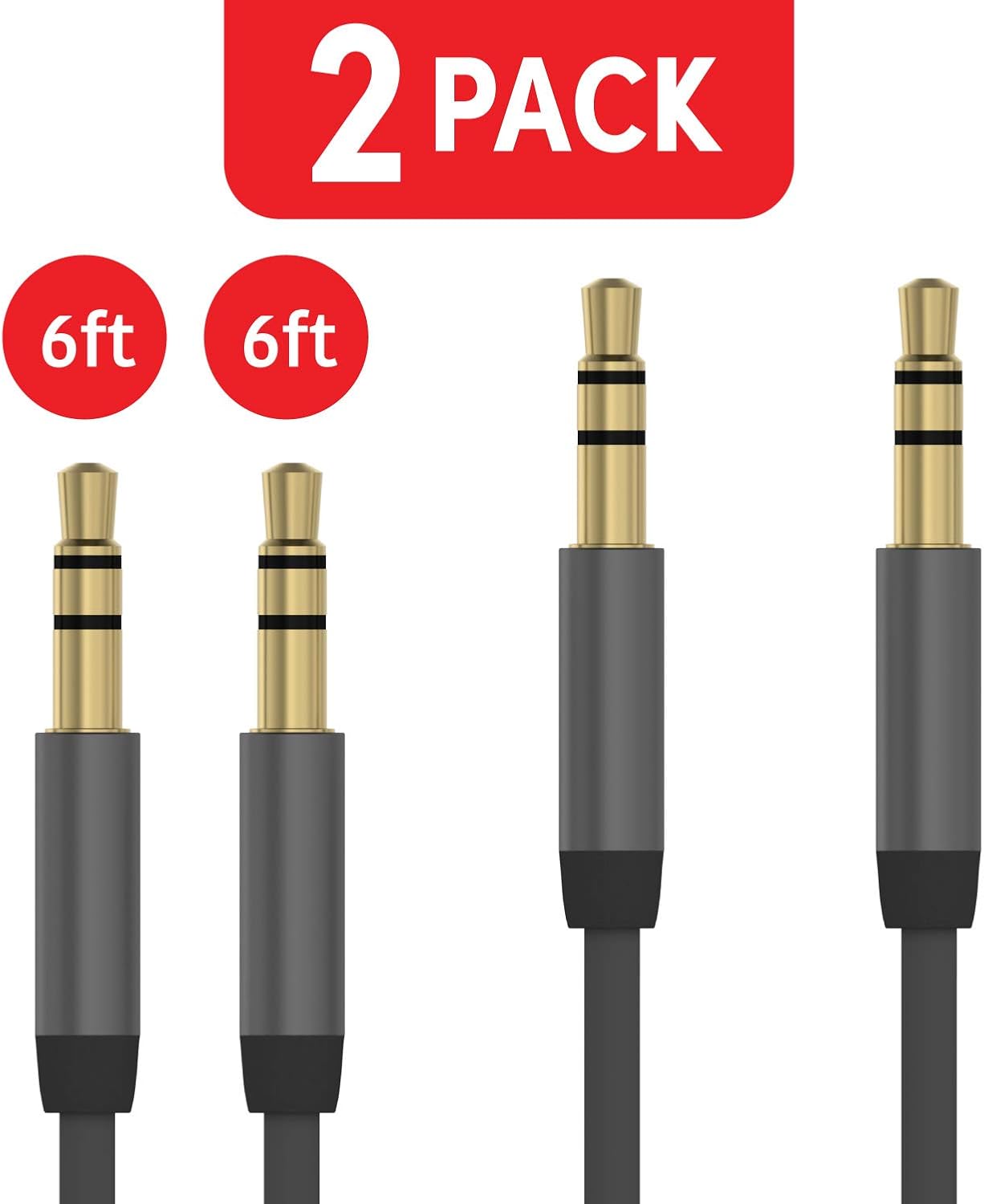 Aux Cable 3.5mm Audio Cord for Car (2 Pack) by TalkWorks | 6ft Heavy Duty Metallic Male to Male Jack Auxiliary Cord Extension Adapter for iPhone, Android, Headphones, Stereo - Slate