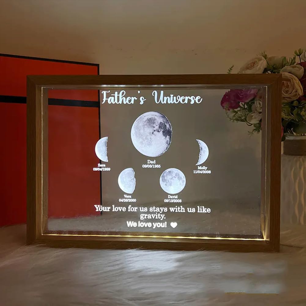 Personalized Moon Phase Light Frame for Dad/MOM and Family Custom LED Frame with Kids Names and Birthdates Perfect Gift for Father's Day Mother's Day Birthdays and Anniversaries