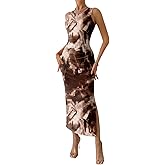 Trendy Queen Bodycon Maxi Dress Womens Sleeveless Floral Print Fitted Party Club Ruched Dresses with Side Slit