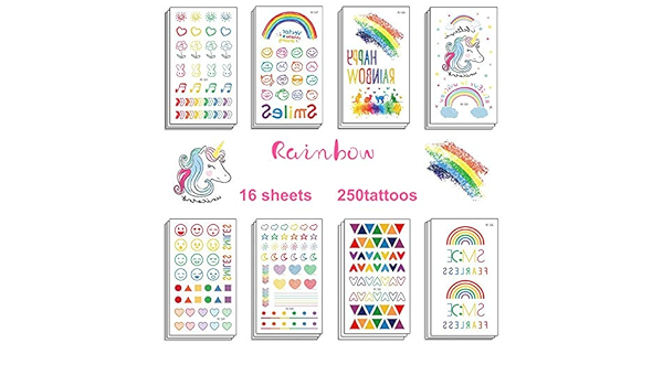 mix cute temporary tattoos 250 designs with rainbow kissing heart musical symbol unicorn line smile emoticon for kids children adults for emoji birthday party favors supplies amazon sg toys