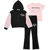 True Religion Girls 3 Piece Fleece Set – Hoodie, Tee Shirt & Jogger/Legging Outfit, Rhinestud & Foil Details (Sizes 4-14)
