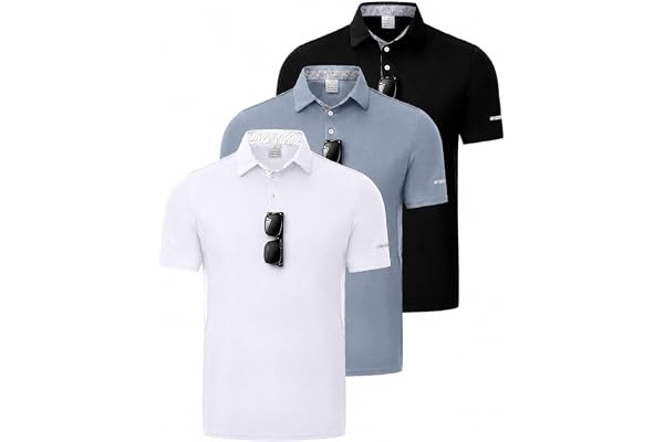 USIGKI 3 Pack Men's Quick Dry Polo Shirts, Moisture Wicking Short Sleeve Golf Shirts for Men with Glasses Holder
