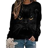 IVERIRMIN Women's 3D Cute Cat Print Sweatshirt Casual Long Sleeve Crewneck Cute Cat Pullover Loose Fit Shirts
